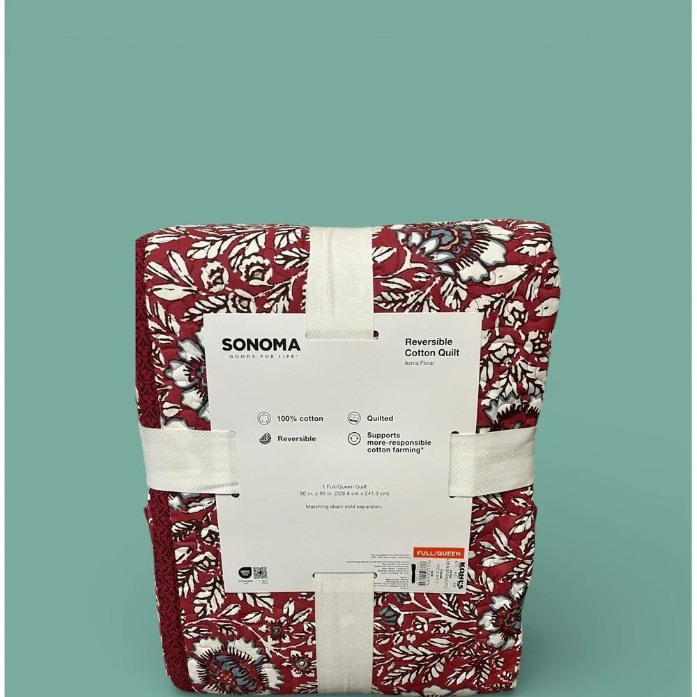 Sonoma Full Queen Reversible Cotton Quilt Asma Floral Quilted‎ 90 x 95 Red Black